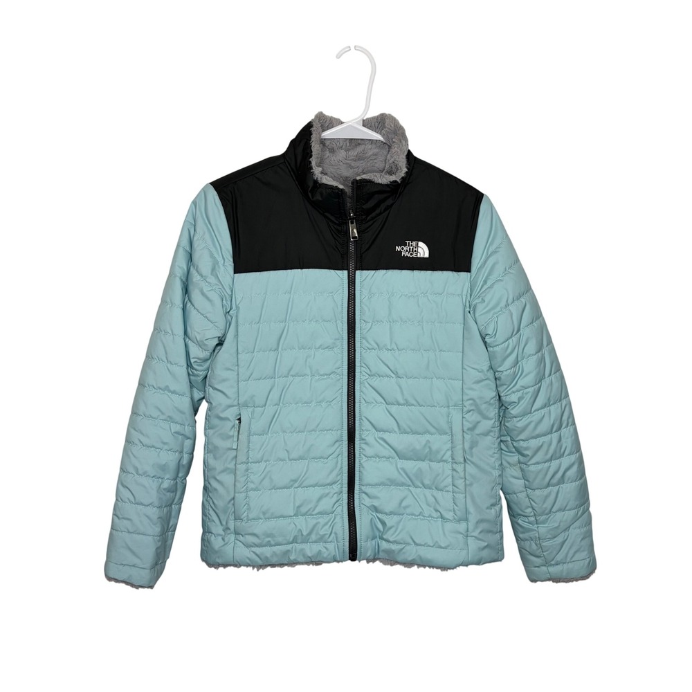 The North Face Mossbud Swirl Reversible Jacket Girls L 14/16 Blue Fleece